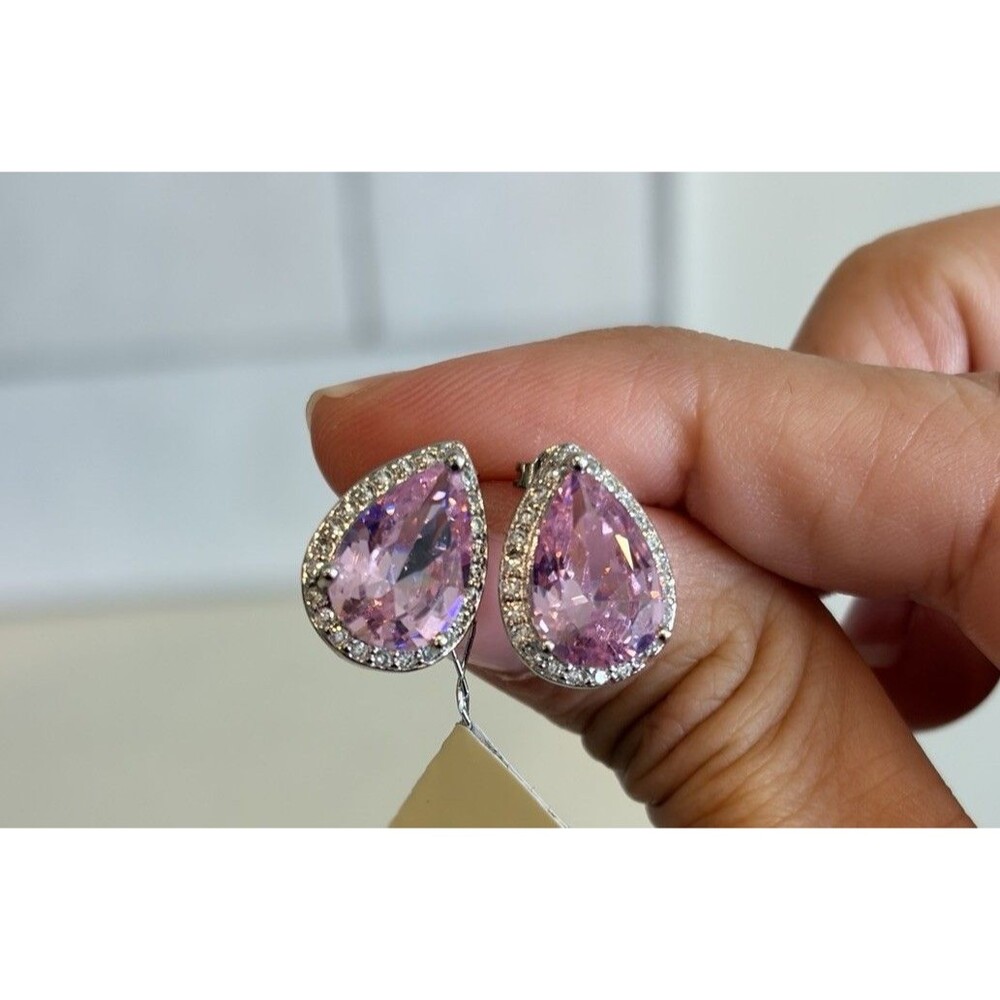 925 Sterling Silver Halo Tear Drop Pink Lap Sapphire Stud Earrings White CZ